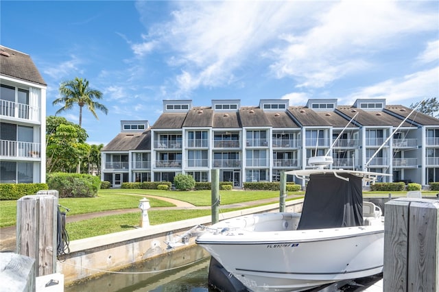 view of building exterior with a water view