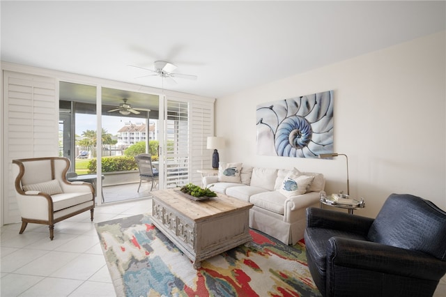 tiled living room featuring ceiling fan