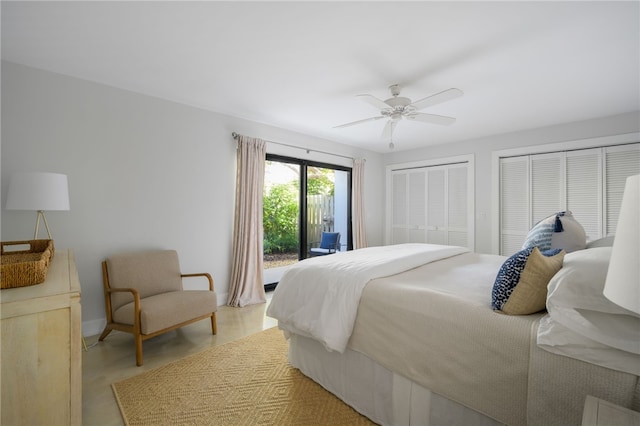 bedroom featuring access to exterior, multiple closets, and ceiling fan