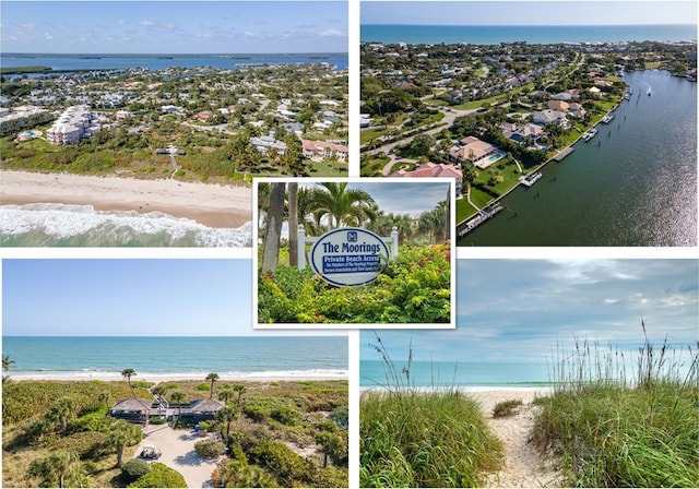 aerial view featuring a water view and a view of the beach