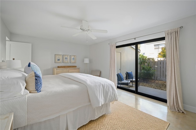 bedroom featuring access to outside and ceiling fan