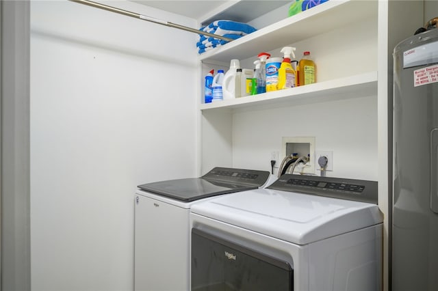 laundry area with washing machine and dryer and water heater