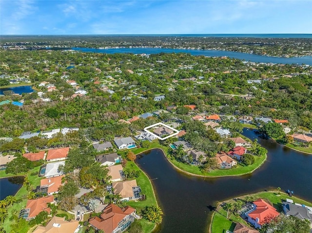 drone / aerial view featuring a water view