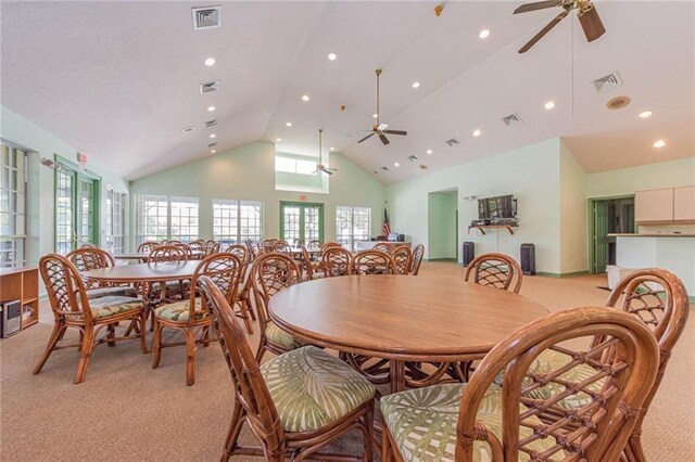 7941 Cabot Tower Pl, Vero Beach, FL 32966 - dining space featuring ceiling fan, light carpet, high vaulted ceiling, and recessed lighting