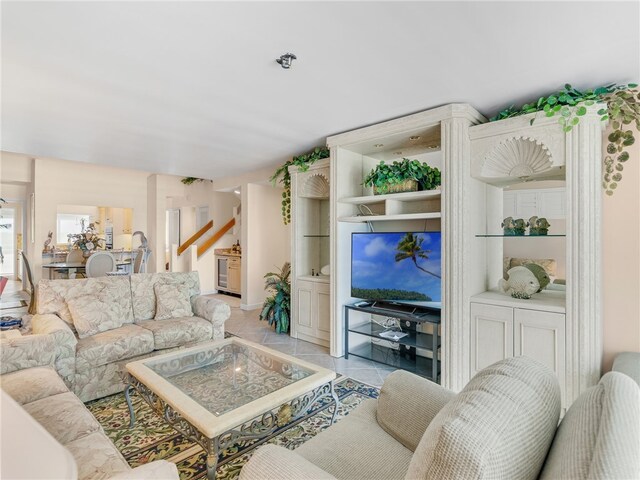 living room featuring light tile patterned floors