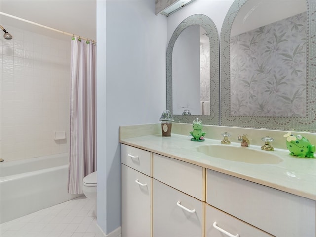 full bathroom with tile patterned floors, vanity, shower / bath combo, and toilet