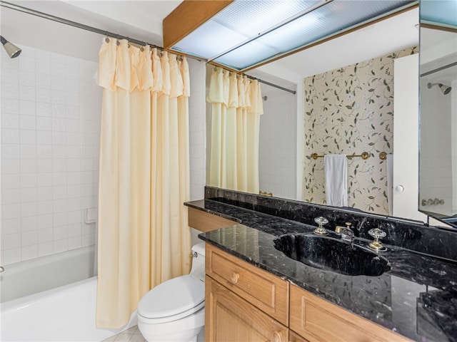 full bathroom featuring vanity, tile patterned floors, toilet, and shower / bathtub combination with curtain