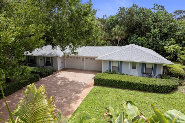 single story home with a garage and a front yard