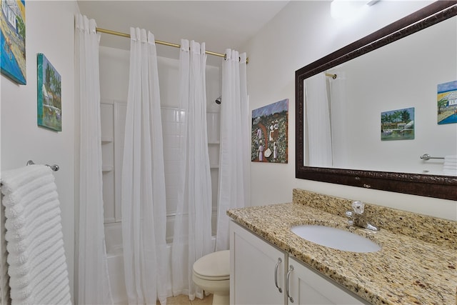 full bathroom with shower / bathtub combination with curtain, vanity, and toilet