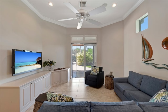 tiled living room featuring ceiling fan and crown molding