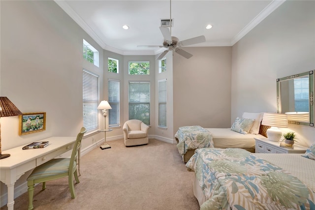 bedroom featuring ornamental molding, light carpet, ceiling fan, and a high ceiling