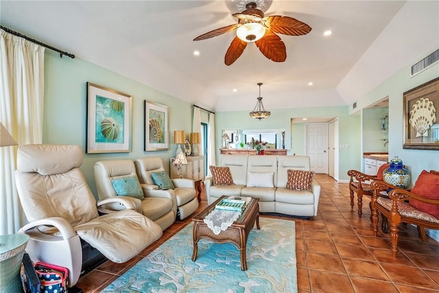 tiled living area featuring recessed lighting, visible vents, and ceiling fan