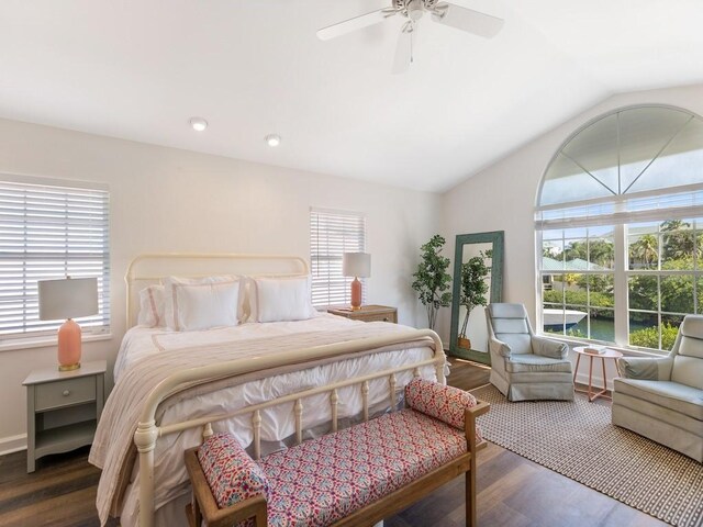 1880 Cobia Dr, Vero Beach, FL 32960 - bedroom with wood finished floors, lofted ceiling, a ceiling fan, recessed lighting, and baseboards