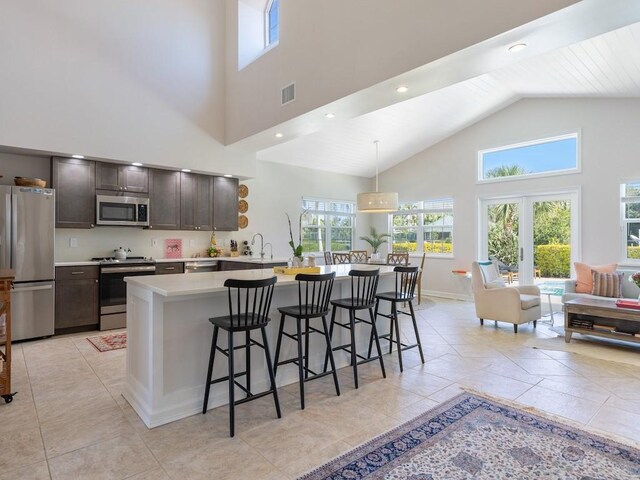 1880 Cobia Dr, Vero Beach, FL 32960 - kitchen featuring appliances with stainless steel finishes, light countertops, a breakfast bar area, high vaulted ceiling, and dark brown cabinetry
