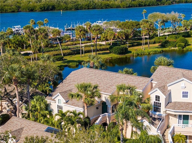 aerial view featuring a water view