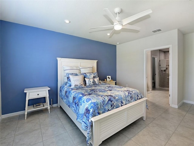 tiled bedroom with ceiling fan