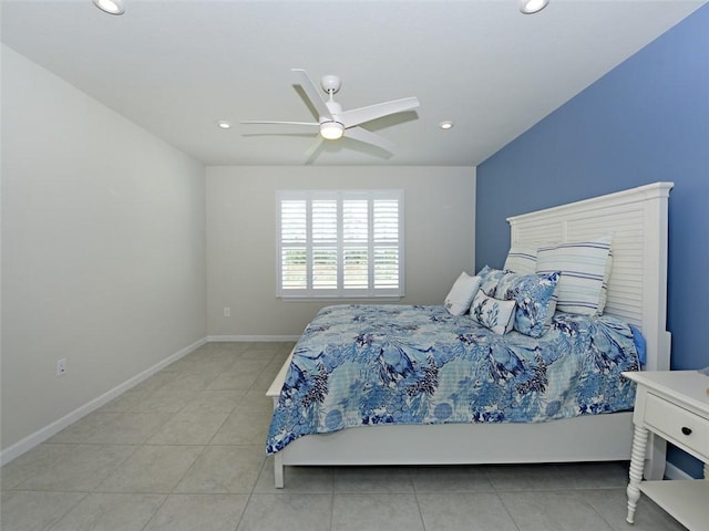 tiled bedroom with ceiling fan