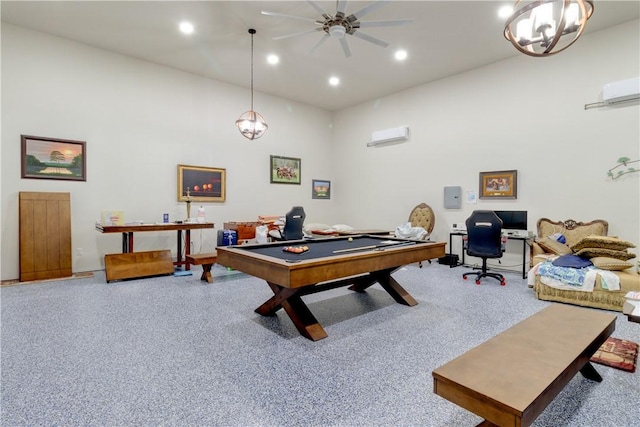 game room featuring carpet, a high ceiling, ceiling fan, pool table, and a wall unit AC