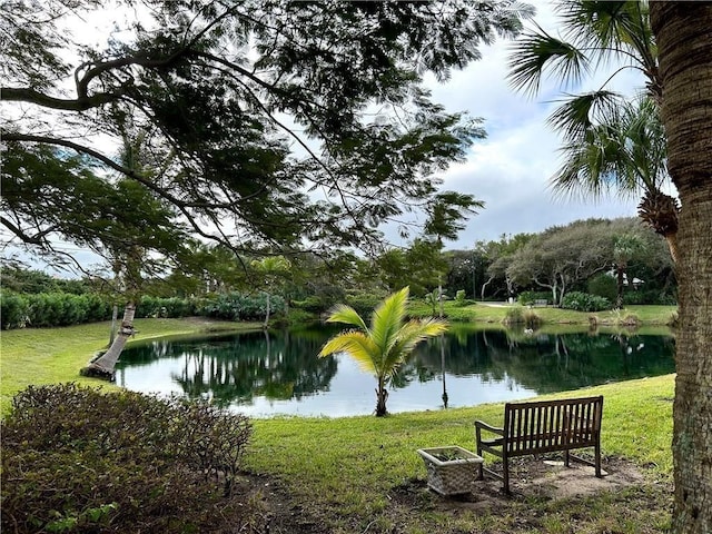 view of community featuring a water view and a lawn