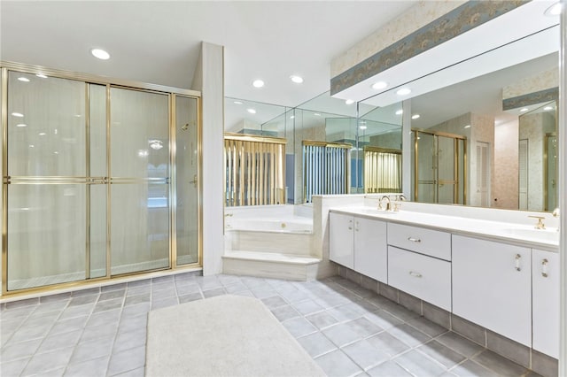 bathroom featuring vanity, plus walk in shower, and tile patterned flooring