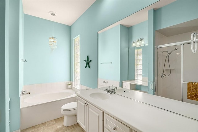 full bath with toilet, tile patterned floors, vanity, a shower stall, and a bath