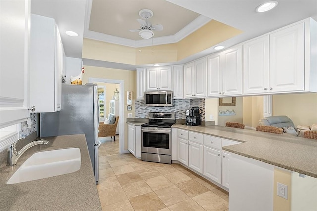 kitchen featuring a tray ceiling, tasteful backsplash, appliances with stainless steel finishes, a ceiling fan, and a sink