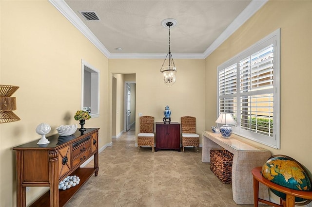 living area with a chandelier, visible vents, crown molding, and baseboards