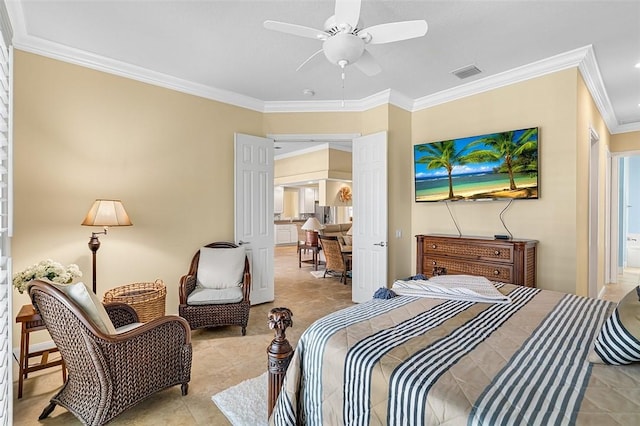 bedroom featuring a ceiling fan, light tile patterned flooring, visible vents, and crown molding