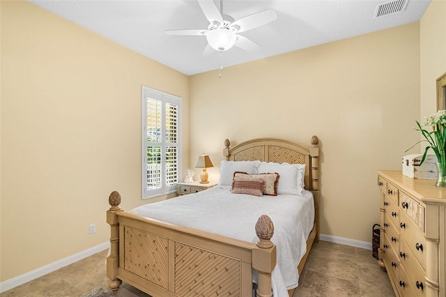 bedroom with a ceiling fan, visible vents, and baseboards