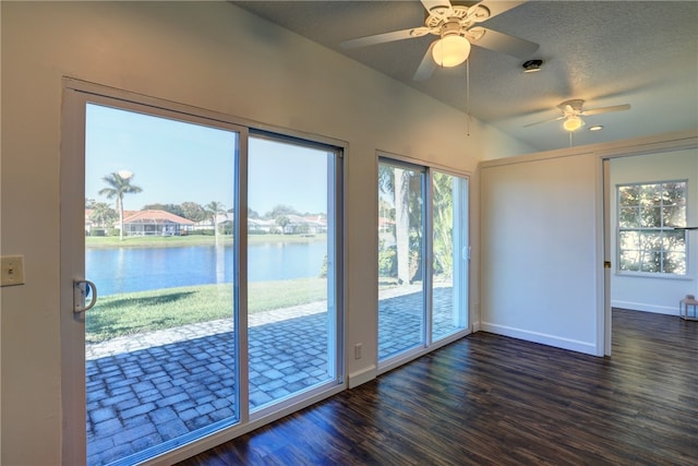 doorway featuring dark hardwood / wood-style flooring, a healthy amount of sunlight, and a water view