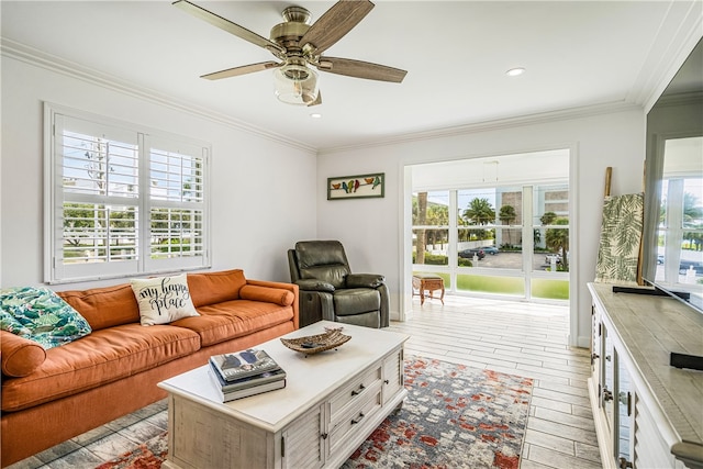 living room with light hardwood / wood-style floors, ceiling fan, and crown molding