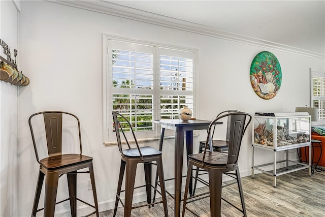 dining room with plenty of natural light, wood-type flooring, and ornamental molding