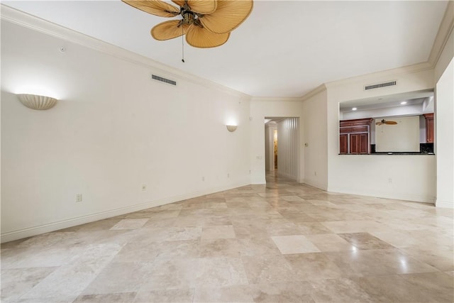 unfurnished living room featuring visible vents, baseboards, and a ceiling fan