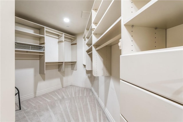 spacious closet featuring light carpet