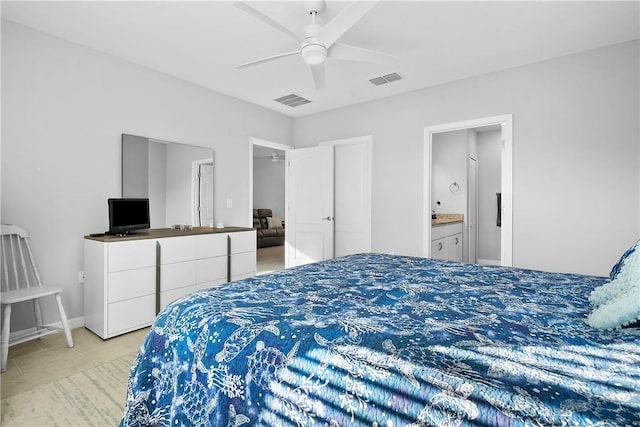 bedroom featuring ceiling fan and connected bathroom