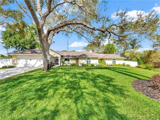 ranch-style house with a garage and a front lawn