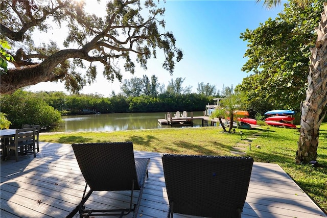 deck with a lawn, a boat dock, and a water view