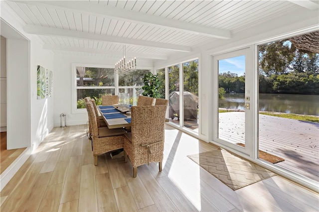 sunroom / solarium with beam ceiling, a water view, and an inviting chandelier