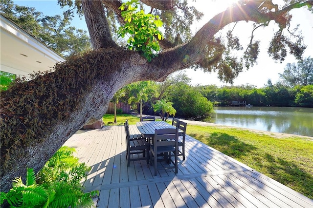 deck featuring a yard and a water view