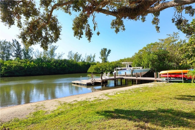 view of dock featuring a water view and a lawn