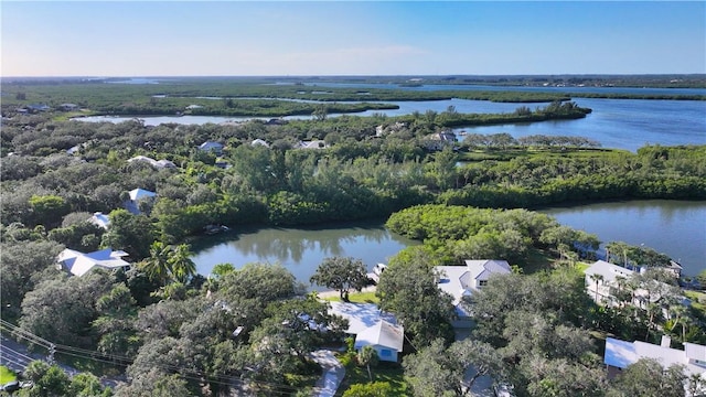 drone / aerial view featuring a water view