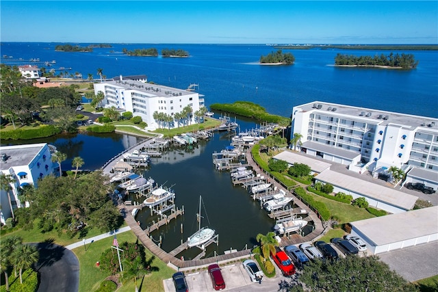 bird's eye view with a water view