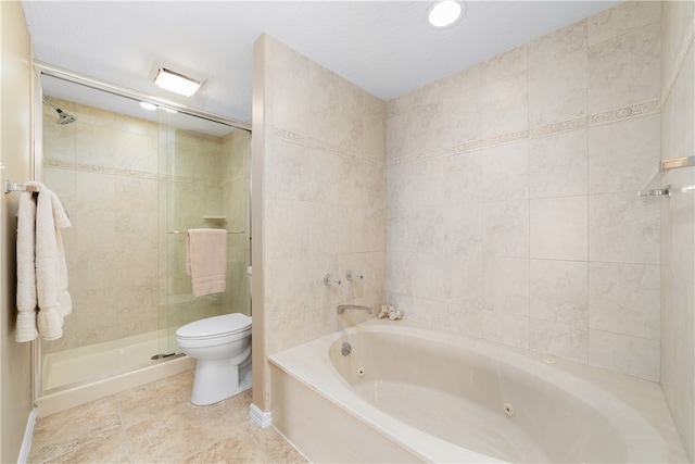 bathroom with shower with separate bathtub, toilet, and tile patterned floors