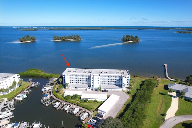 aerial view featuring a water view