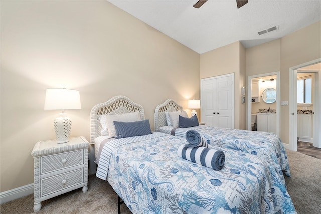 1335 Winding Oaks Cir E Unit 1007, Vero Beach, FL 32963 - carpeted bedroom with a closet, a ceiling fan, and lofted ceiling