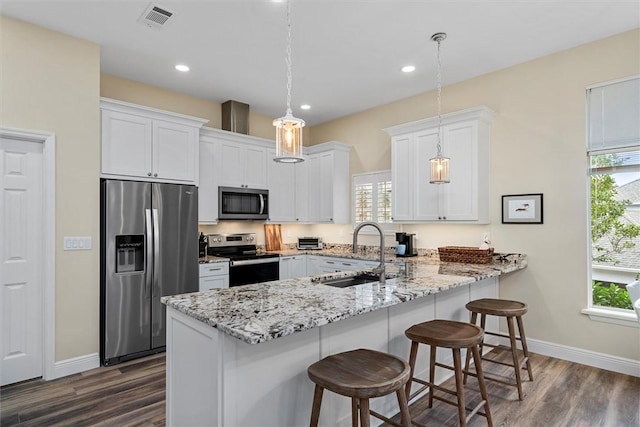 1335 Winding Oaks Cir E Unit 1007, Vero Beach, FL 32963 - kitchen featuring stainless steel appliances, a sink, a peninsula, dark wood-type flooring, and recessed lighting