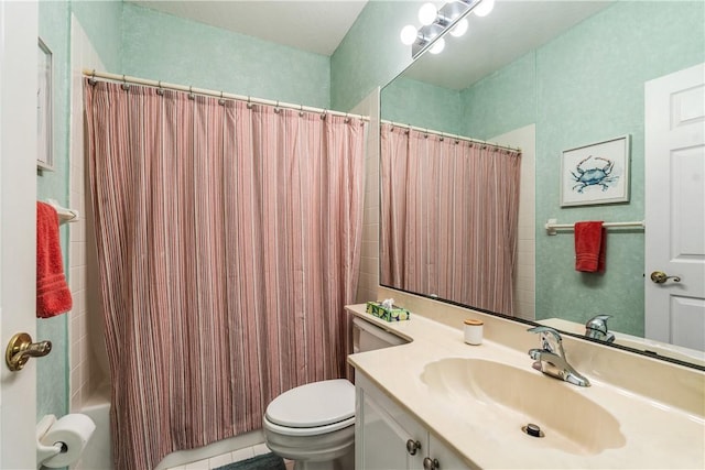 full bathroom featuring shower / bath combination with curtain, vanity, toilet, and tile patterned flooring