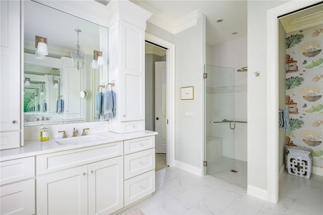 full bathroom with marble finish floor, ornamental molding, a stall shower, and baseboards