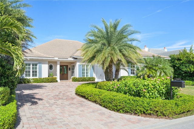 view of front of property featuring a tile roof, decorative driveway, and stucco siding