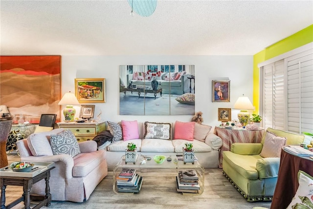 living room with wood-type flooring and a textured ceiling